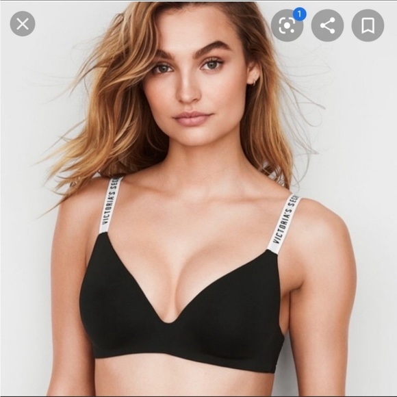 Victoria’s Secret black tshirt lightly lined wireless bra sz 34DD 34E logo strap